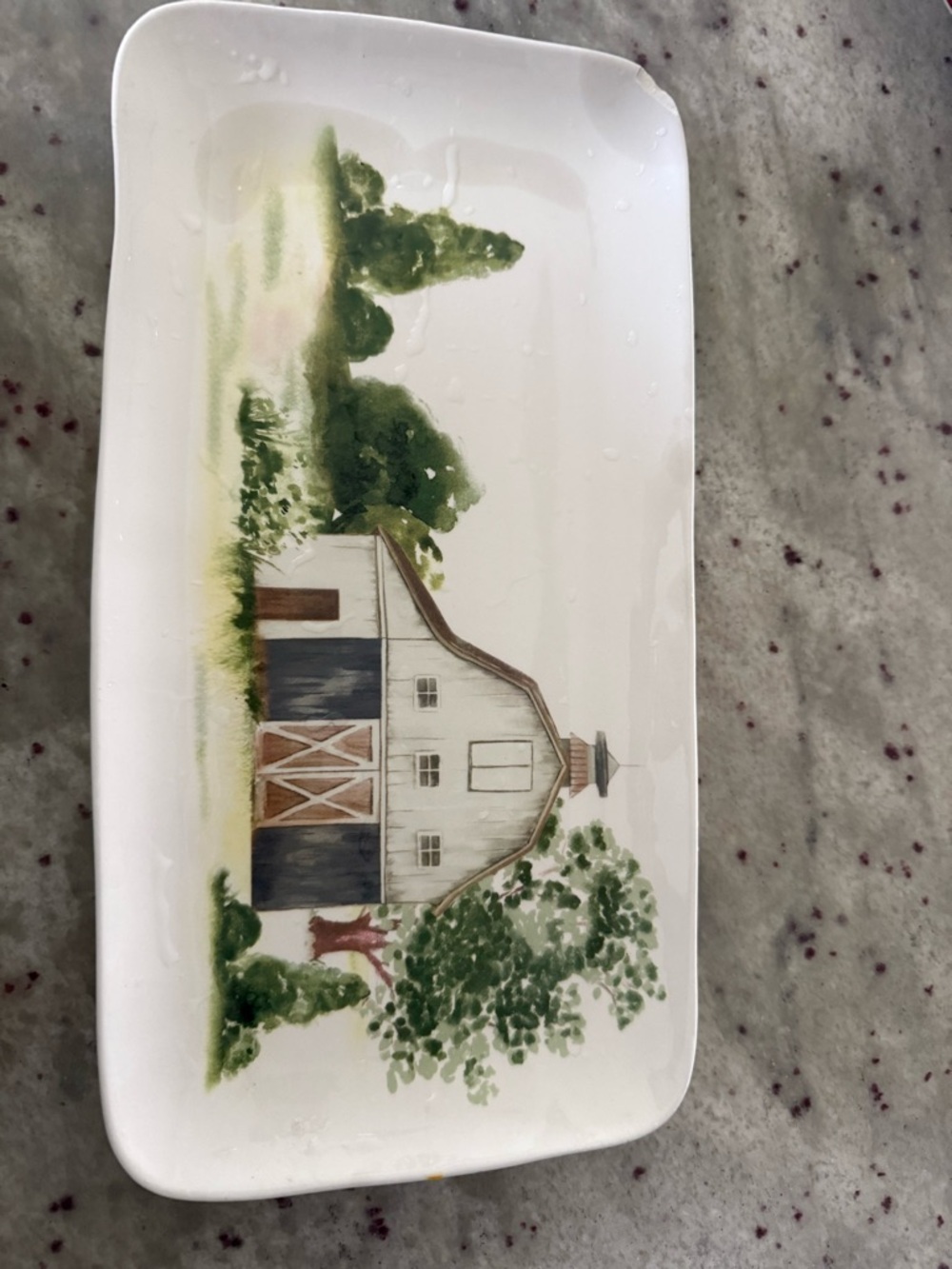 White Ceramic Serving Tray with Green Barn Illustration